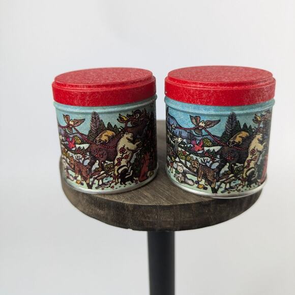 Vtg Miniature Christmas Tins Forest Animals Tree 2" Holiday Container Gift Box - Picture 2 of 12